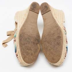 Pre Owned Missoni Multicolor Embroidered Fabric Ankle Tie Espadrille Wedge Pumps Size 37