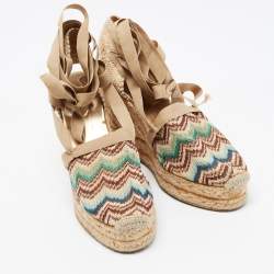 Pre Owned Missoni Multicolor Embroidered Fabric Ankle Tie Espadrille Wedge Pumps Size 37
