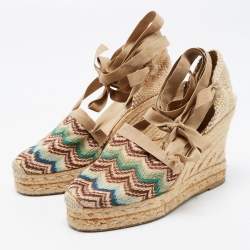 Pre Owned Missoni Multicolor Embroidered Fabric Ankle Tie Espadrille Wedge Pumps Size 37