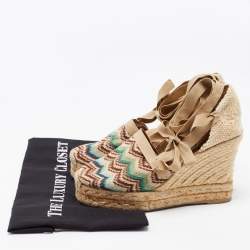 Pre Owned Missoni Multicolor Embroidered Fabric Ankle Tie Espadrille Wedge Pumps Size 37