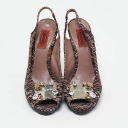Pre Owned Missoni Multicolor Tweed Crystal Embellished Peep Toe Slingback Sandals Size 38