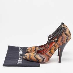 Missoni Black/Orange Fabric and Leather Ankle T-Strap Pumps Size 37