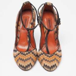 Missoni Black/Orange Fabric and Leather Ankle T-Strap Pumps Size 37