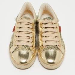 Pre Owned Missoni Gold Brocade Fabric and Leather Lace Up Sneakers Size 38.5