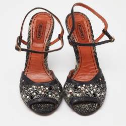 Pre Owned Missoni Black Embellished Patterned Knit Fabric and Leather Ankle Strap Sandals Size 36