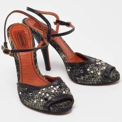 Pre Owned Missoni Black Embellished Patterned Knit Fabric and Leather Ankle Strap Sandals Size 36