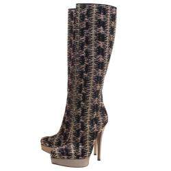 Pre Owned Missoni Black and Gold Patterned Knit Fabric Knee High Boots Size 37