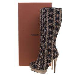 Pre Owned Missoni Black and Gold Patterned Knit Fabric Knee High Boots Size 37