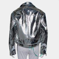 Mistress Rocks Metallic Silver Synthetic Zip Front Biker Jacket L