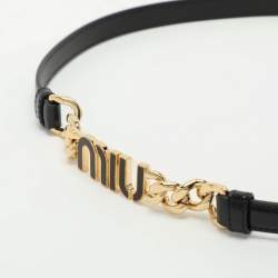 Pre Owned Miu Miu Black Leather Logo Chain Link Waist Belt 85CM