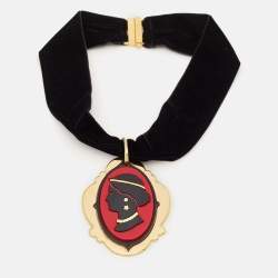 Miu Miu Blac Cameo Composite Velvet Gold Tone Necklace