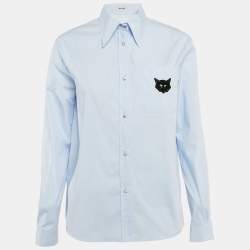 Miu Miu Blue Stretch Poplin Cat Applique Button Front Shirt S