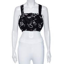 Miu Miu Black Galaxy Printed Silk Button Front Sleeveless Crop Top S
