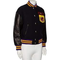 Miu Miu Black Wool & Leather Paneled Fox & Roy Appliqued Varsity Jacket XS