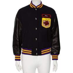 Miu Miu Black Wool & Leather Paneled Fox & Roy Appliqued Varsity Jacket XS
