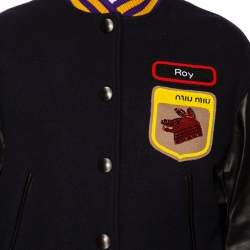 Miu Miu Black Wool & Leather Paneled Fox & Roy Appliqued Varsity Jacket XS