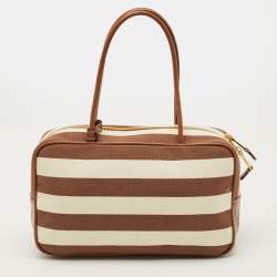 مملوكة مسبقًا Miu Miu Beau Brown/Off White Stripe Canvas and Leather Satchel