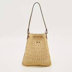 Pre Owned Miu Miu Brown/Natural Woven Raffia Mini Bucket Bag