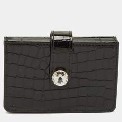 Pre Owned Miu Miu Crystal Embellished Black Croc Embossed Patent Leather Flap Card Holder