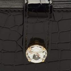 Pre Owned Miu Miu Crystal Embellished Black Croc Embossed Patent Leather Flap Card Holder