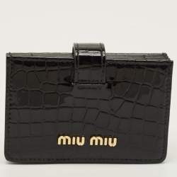 Pre Owned Miu Miu Crystal Embellished Black Croc Embossed Patent Leather Flap Card Holder