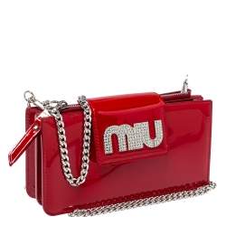 Miu Miu Red Vernice Leather Crystal Embellished Wallet on Chain