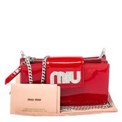 Miu Miu Red Vernice Leather Crystal Embellished Wallet on Chain