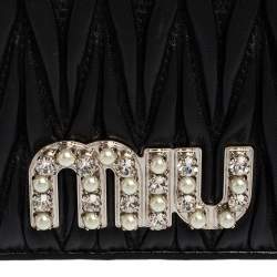 Pre Owned Miu Miu Black Matelassé Leather Crystal Embellished Flap Compact Wallet