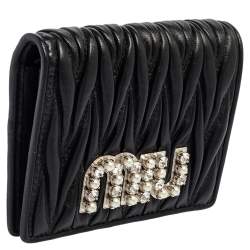 Pre Owned Miu Miu Black Matelassé Leather Crystal Embellished Flap Compact Wallet