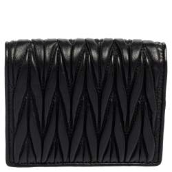 Pre Owned Miu Miu Black Matelassé Leather Crystal Embellished Flap Compact Wallet