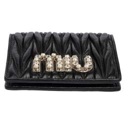 Pre Owned Miu Miu Black Matelassé Leather Crystal Embellished Flap Compact Wallet