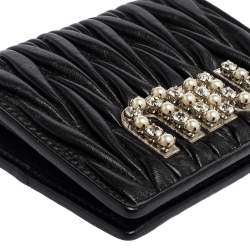 Pre Owned Miu Miu Black Matelassé Leather Crystal Embellished Flap Compact Wallet