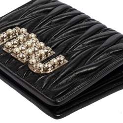 Pre Owned Miu Miu Black Matelassé Leather Crystal Embellished Flap Compact Wallet