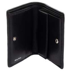 Pre Owned Miu Miu Black Matelassé Leather Crystal Embellished Flap Compact Wallet