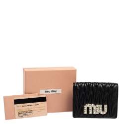 Pre Owned Miu Miu Black Matelassé Leather Crystal Embellished Flap Compact Wallet