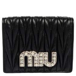 Pre Owned Miu Miu Black Matelassé Leather Crystal Embellished Flap Compact Wallet