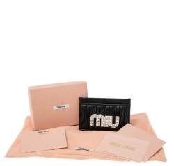 Pre Owned Miu Miu Black Matelassé Leather Crystals and Pearl Embellished Logo Card Holder