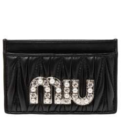 Pre Owned Miu Miu Black Matelassé Leather Crystals and Pearl Embellished Logo Card Holder