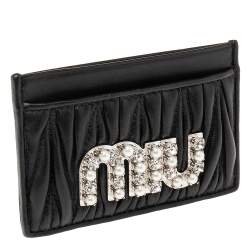Pre Owned Miu Miu Black Matelassé Leather Crystals and Pearl Embellished Logo Card Holder