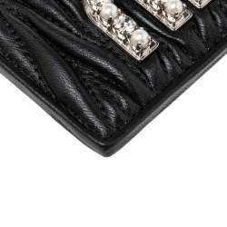 Pre Owned Miu Miu Black Matelassé Leather Crystals and Pearl Embellished Logo Card Holder