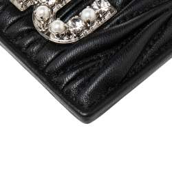 Pre Owned Miu Miu Black Matelassé Leather Crystals and Pearl Embellished Logo Card Holder
