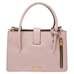 Pre Owned Miu Miu Pale Pink Madras Leather Push Lock Tote 