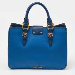 Miu Miu Two Tone Blue Madras Leather Pushlock Tote