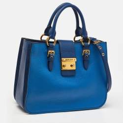 Miu Miu Two Tone Blue Madras Leather Pushlock Tote
