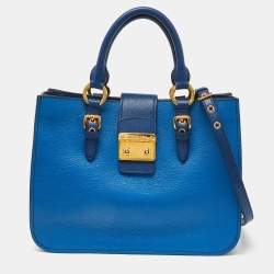 Miu Miu Two Tone Blue Madras Leather Pushlock Tote