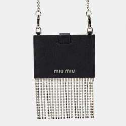 Pre Owned Miu Miu Black Leather Crystals Embellished Chain Card Holder