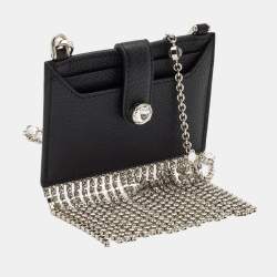 Pre Owned Miu Miu Black Leather Crystals Embellished Chain Card Holder