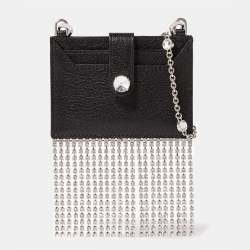 Pre Owned Miu Miu Black Leather Crystals Embellished Chain Card Holder
