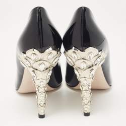 Pre Owned Miu Miu Black Patent Leather Crystal Embellished Heel Pumps Size 37.5