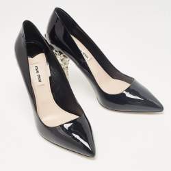 Pre Owned Miu Miu Black Patent Leather Crystal Embellished Heel Pumps Size 37.5